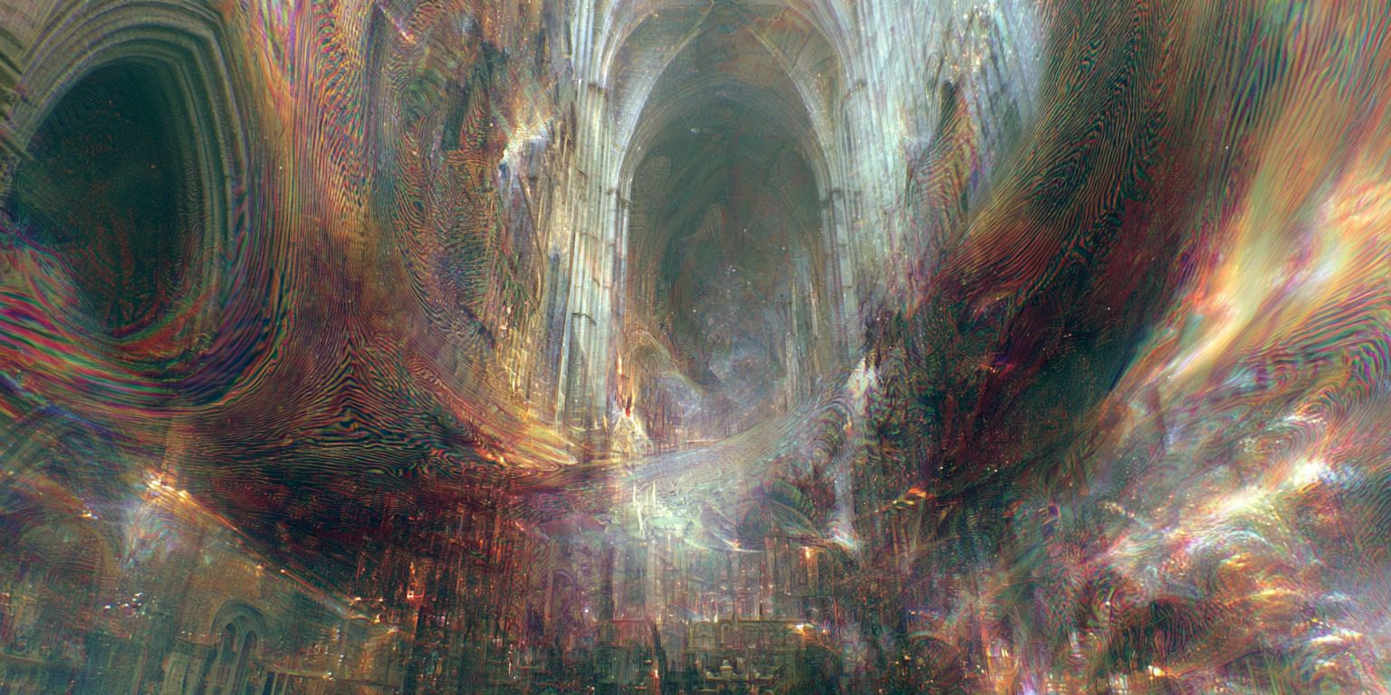 A cathedral nave dissolving into iridescent light